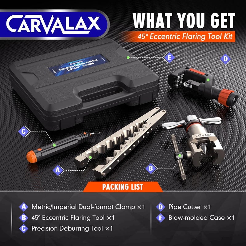 CARVALAX طقم أدوات الفلير الغريب، فلير بدقة 45°، مشبك متري/إمبراطوري لأنابيب 6-19 مم و 1/4"-3/4"، يتضمن قاطع، أداة إزالة الحواف وحقيبة صلبة لإصلاح أنظمة التكييف والتبريد - Image 2